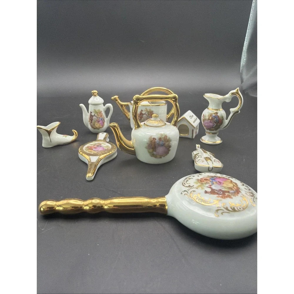 Vintage Limoges France Miniature Porcelain Tea Vanity Set La Reine Meissner Gold